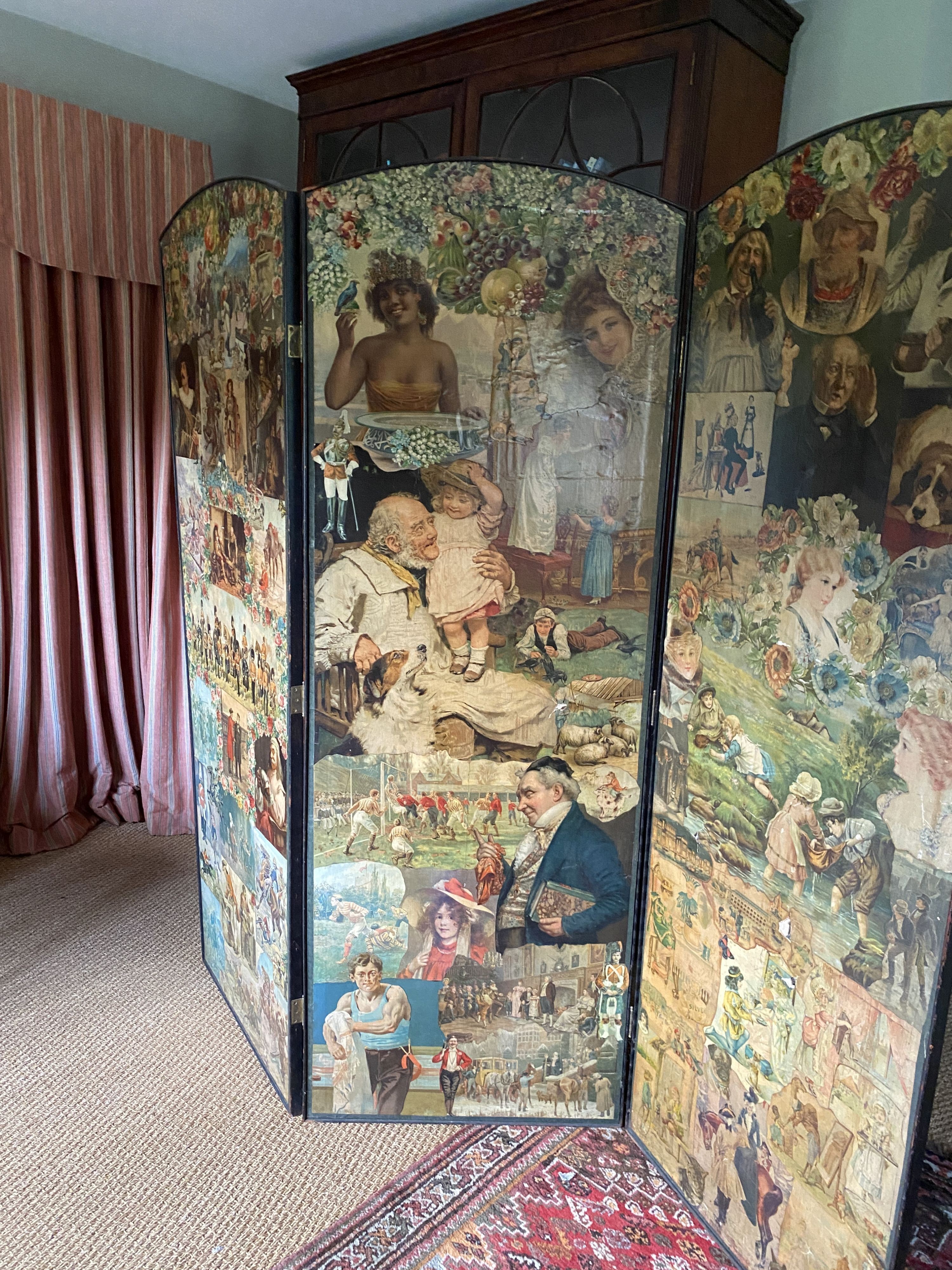 A Victorian double signed three fold scrap screen, mostly decorated with figures, width 63cm height 176cm